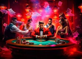 Playtech dealer at baccarat table with professional studio setup and signage